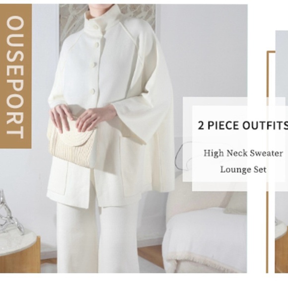 2 piece Cream High Neck  knit Sweater Lounge Set - Picture 10 of 11